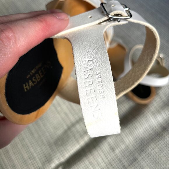 White Leather Peep Toe Swedish Hasbeens Clog Block Heel Sandals - Picture 5 of 7